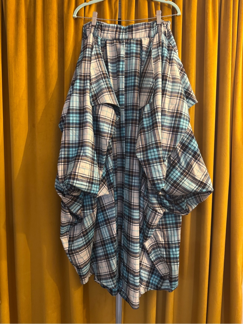 TOV Damsel Plaid Bustled Maxi Skirt in Turquoise & Navy
